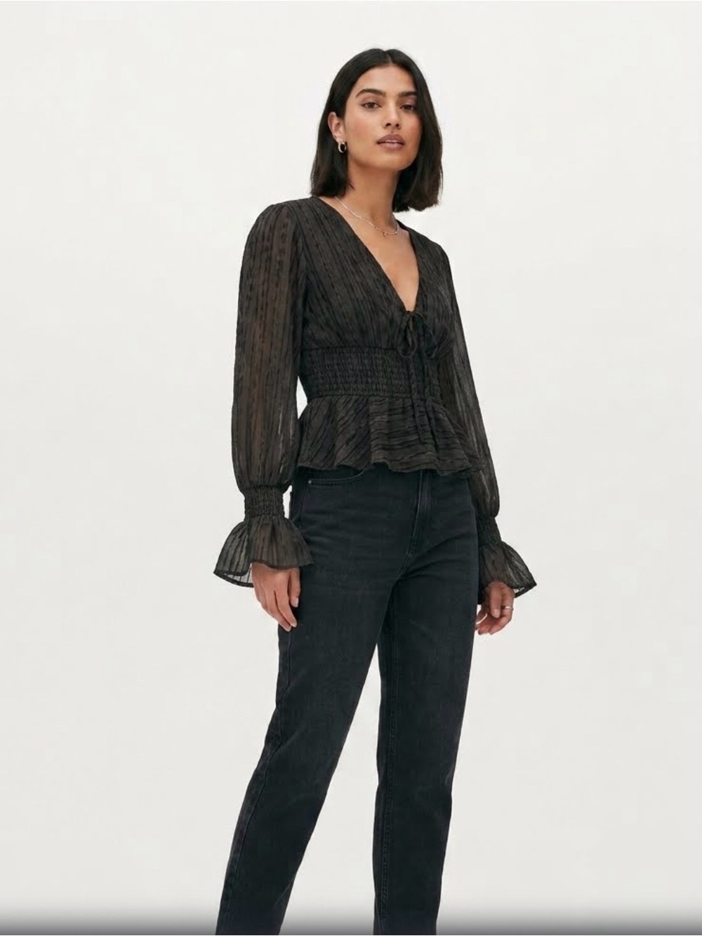 Primark Black Smocked Waist Peplum Blouse Coquette Goth Boho Top Sz 12
